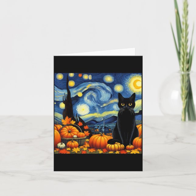 Tarjeta Thanksgiving Van Gogh Starry Night Black Cat Pumpk (Anverso)