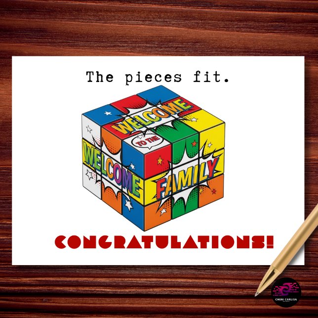 Tarjeta The Pieces Fit Welcome to the Family Congrats (The pieces fit. Welcome to the family—congratulations on finding your perfect match!)