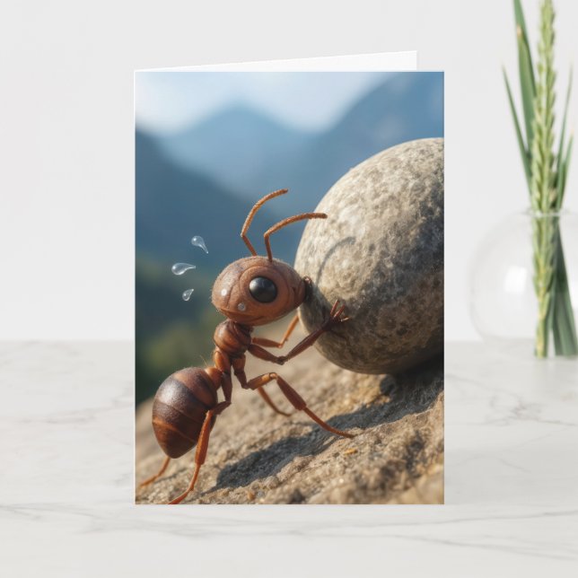 Tarjeta Thinking of You Ant Pushing a Big Rock Uphill (Anverso)