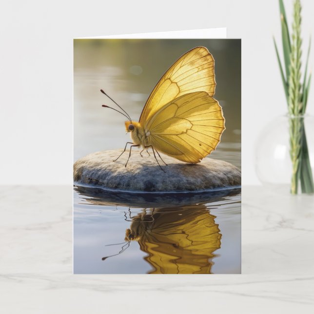 Tarjeta Thinking of You Gold Butterfly On a Rock in Water  (Anverso)