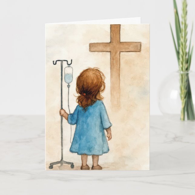 Tarjeta Thinking of You Little Girl Holding an IV Pole (Anverso)