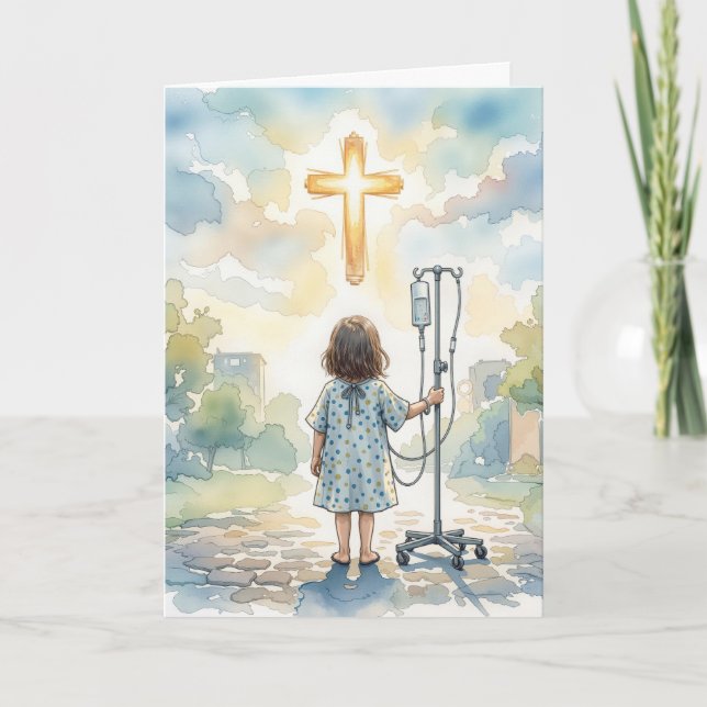 Tarjeta Thinking of You Little Girl Holding an IV Pole (Anverso)