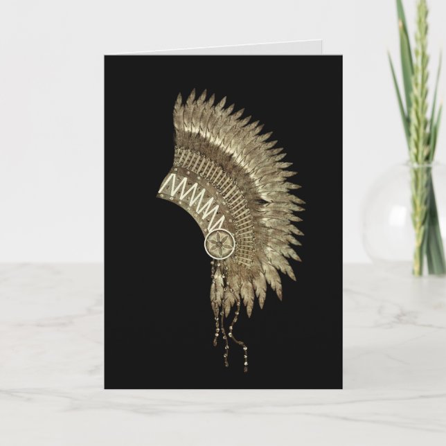 Tarjeta Thinking of You, Native American Headdress, Brown (Anverso)