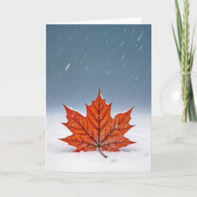Tarjeta Thinking of You Orange Maple Leaf On Snow  (Anverso)