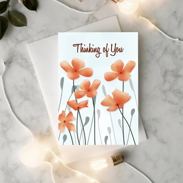 Tarjeta Thinking of You Poppy Get Well Card (Front cover of a minimal poppy get well card with soft light and “Thinking of You” message)