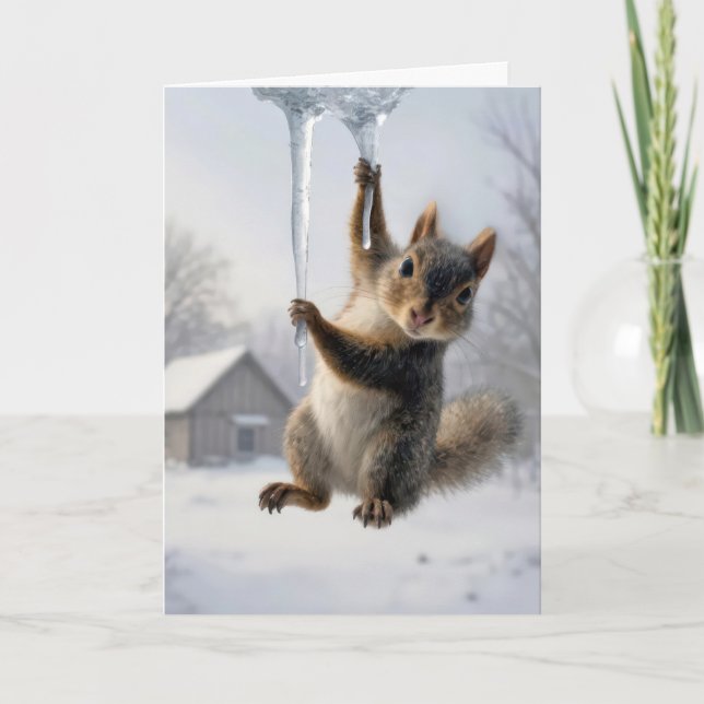 Tarjeta Thinking of You Squirrel Hanging From an Icicle (Anverso)