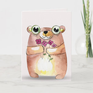 Tarjeta thinking of you-watercolor bear with bouquet