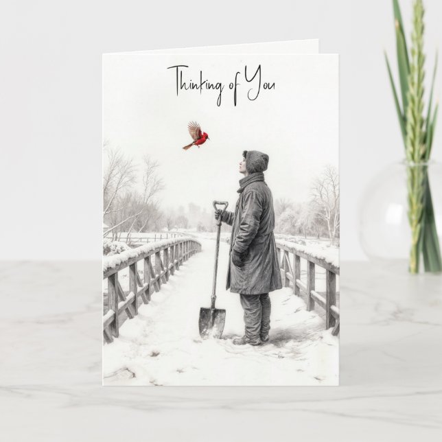 Tarjeta Thinking of You Young Man Watching a Cardinal (Anverso)