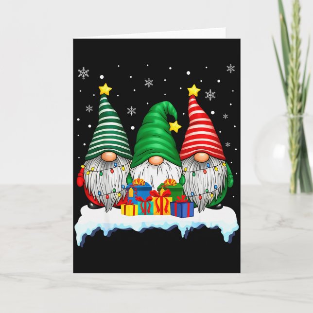 Tarjeta Three Gnomes Tree Lights Men Women Matching Xmas H (Anverso)