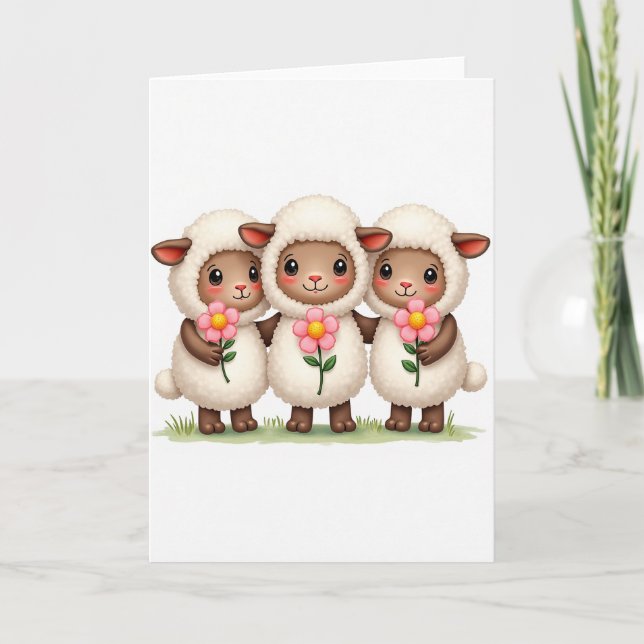 Tarjeta Three Lambs Flower Friend Card (Anverso)