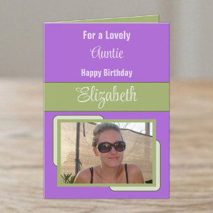 Tarjeta Tía agregar nombre foto púrpura verde cumpleaños
