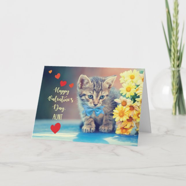 Tarjeta Tía Amor Valentine Kitten con Daisies Amarillos (Anverso)