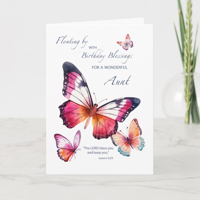 Tarjeta Tía cumpleaños religioso a mariposas acuarelas (Anverso)