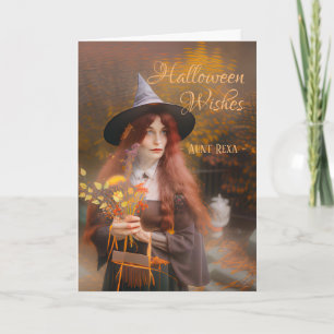 Tarjeta Tía Halloween desea bruja y Bouquet de otoño