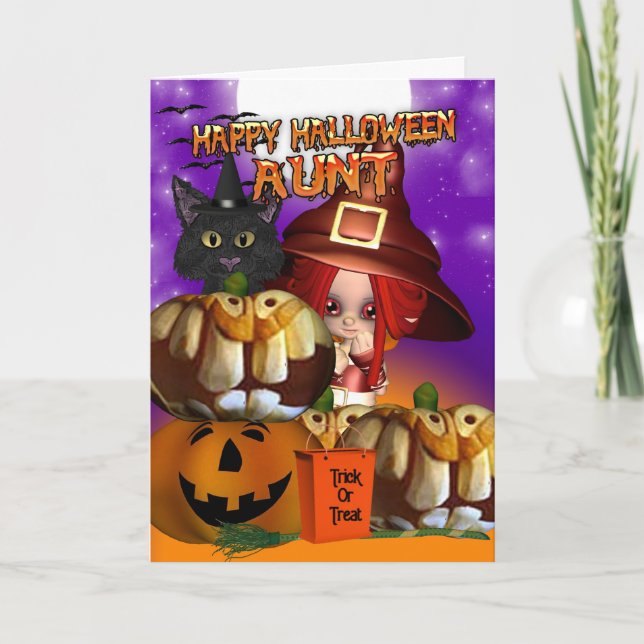 Tarjeta Tía Halloween gato de bruja calabaza jack o lanter (Anverso)