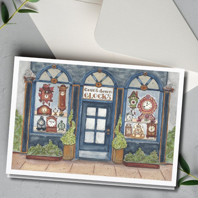 Tarjeta Tienda de Relojes Antiguos de Año Nuevo Acuarela (Subido por el creador)