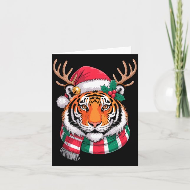 Tarjeta Tiger Reindeer Christmas Santa Hat Tiger Xmas  (Anverso)