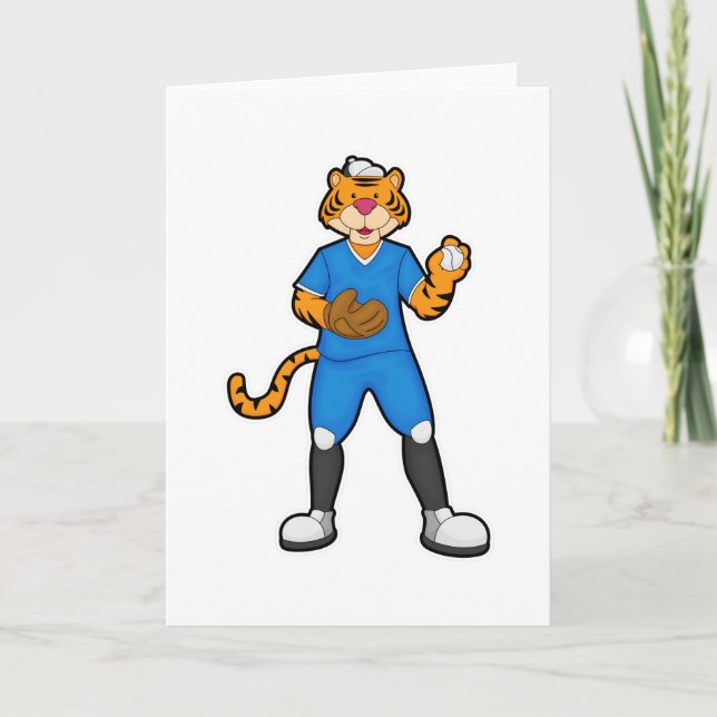 Tarjeta Tigre al béisbol con guante y gorra de béisbol (Anverso)