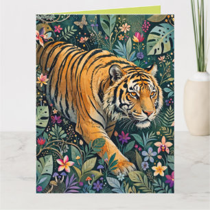 Tarjeta Tigre con ojos ámbar, follaje de jungla de fantasí