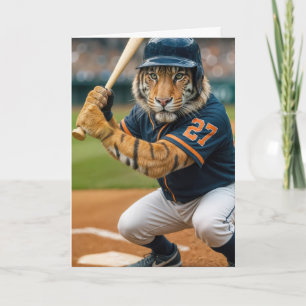 Tarjeta Tigre de cumpleaños jugador de béisbol #27 al bate