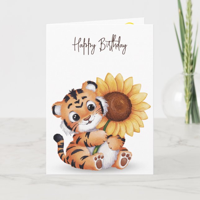 Tarjeta Tigre de cumpleaños sostiene un girasol (Anverso)