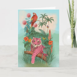 Tarjeta Tigre rosado y jungla tropical loro en blanco