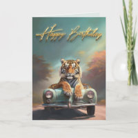 Tigre sentado en un coche deportivo Feliz cumpleañ