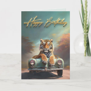 Tarjeta Tigre sentado en un coche deportivo Feliz cumpleañ