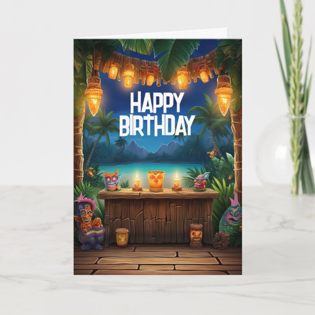Tarjeta Tiki Luau Hawaii Isla Tropical Cumpleaños (Anverso)
