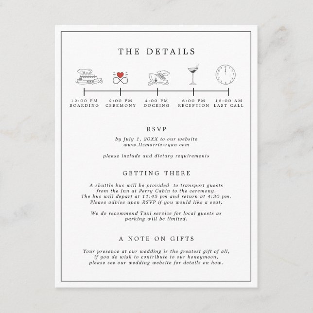 Tarjeta tineraria Nautical Black & White Boda (Anverso)