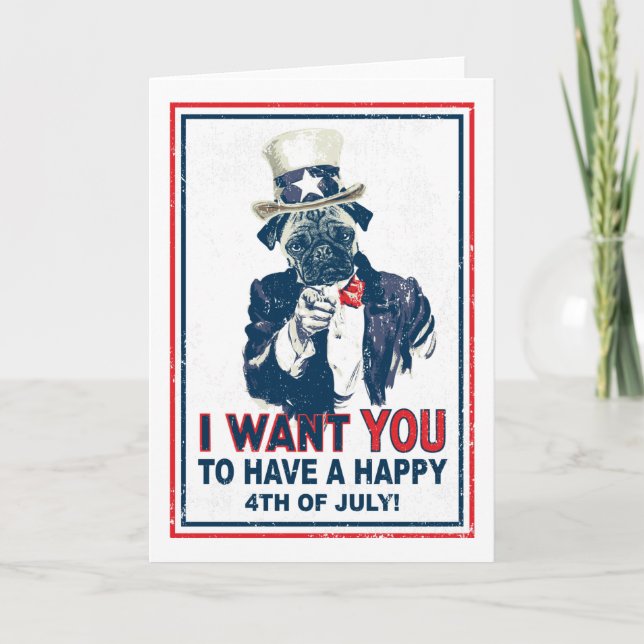 Tarjeta Tío Sam Pug, de época, 4 de julio (Anverso)