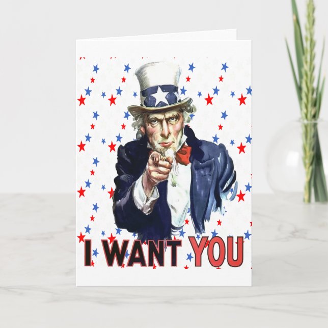 Tarjeta Tío Sam te quiero con fondo de estrellas y franjas (Anverso)