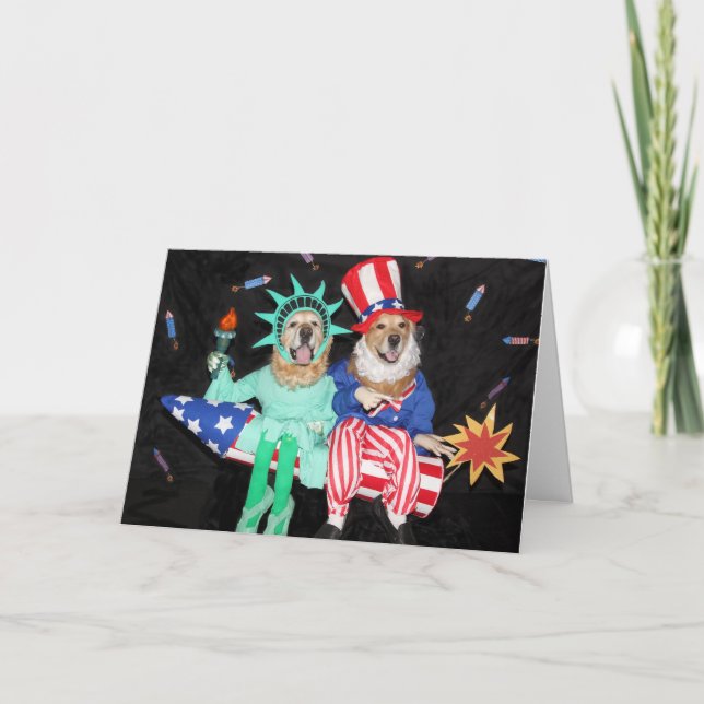 Tarjeta Tío Sam y señora Liberty del golden retriever (Anverso)