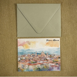 Tarjeta Tirana Albania Pintura en Acuarela Vista Panorámic