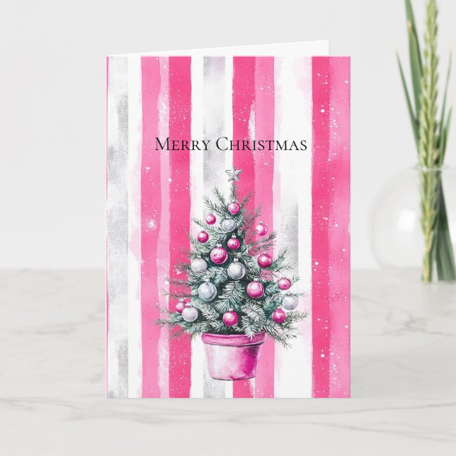Tarjeta Tiras de árbol de Navidad blanco rosa glamuroso (Anverso)