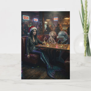 Tarjeta Tired Mermaid Santa Calamar Dolphin Bar Navidad