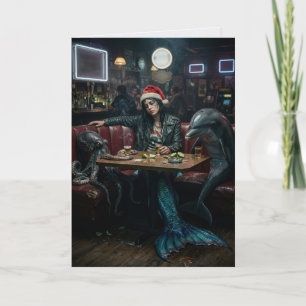 Tarjeta Tired Mermaid Santa Calamar Dolphin Bar Navidad