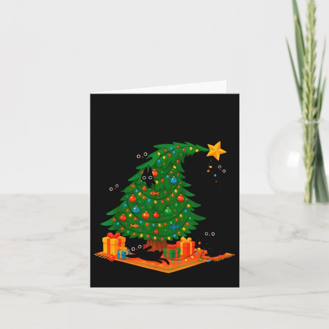 Tarjeta Tis The Season Christmas Tree Cute Black Cat Match (Anverso)