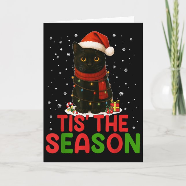 Tarjeta Tis' The Season Santa Hat Funny Black Cat Christma (Anverso)