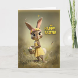 Tarjeta Título Conejito de Pascua adorable con cesta y flo