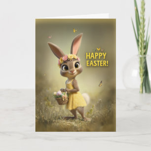 Tarjeta Título Conejito de Pascua adorable con cesta y flo