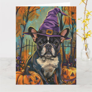Tarjeta Tocante Bulldog francés Halloween Bruja Y Calabaza