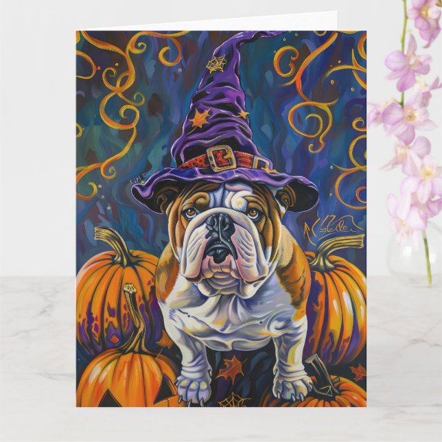 Tarjeta Tocante Bulldog Halloween Bruja Y Calabaza (Orquídea)