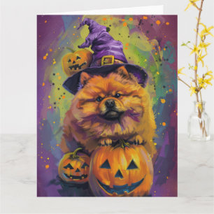 Tarjeta Tocante Chow Chow Perro Halloween Bruja Y Calabaza