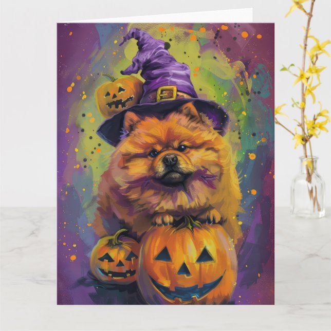Tarjeta Tocante Chow Chow Perro Halloween Bruja Y Calabaza (flor amarilla)