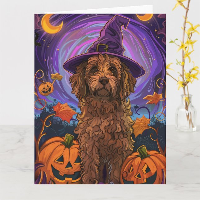 Tarjeta Tocante Goldendoodle Perro Halloween Calabaza de B (flor amarilla)
