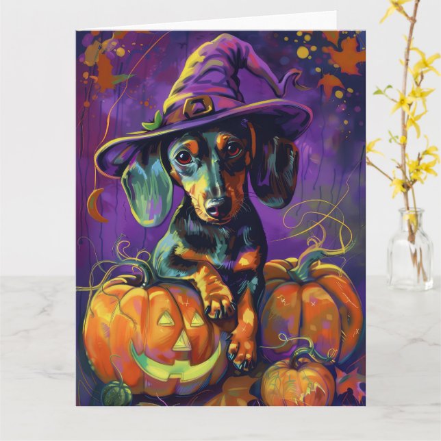 Tarjeta Tocante Perro Dachshund Bruja Halloween Y Calabaza (flor amarilla)