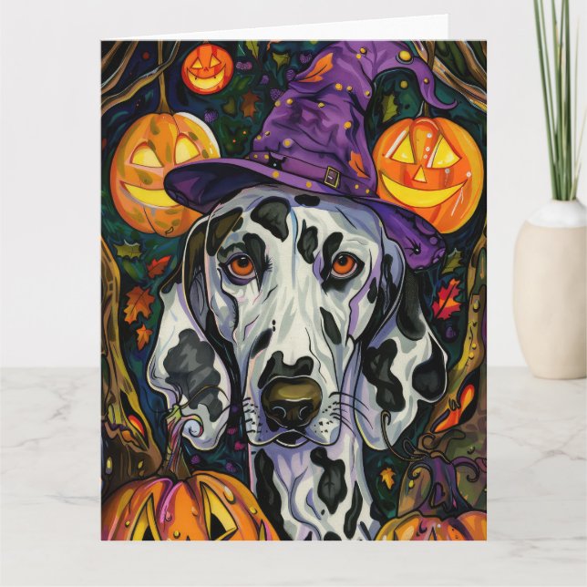 Tarjeta Tocante Perro Dalmatiano Halloween Bruja Y Calabaz (Anverso)