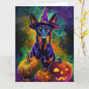 Tarjeta Tocante Perro Doberman Perro Halloween Bruja Y Cal