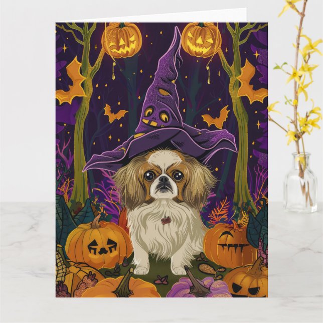 Tarjeta Tocante Perro Pekingés Bruja Halloween Y Calabaza (flor amarilla)